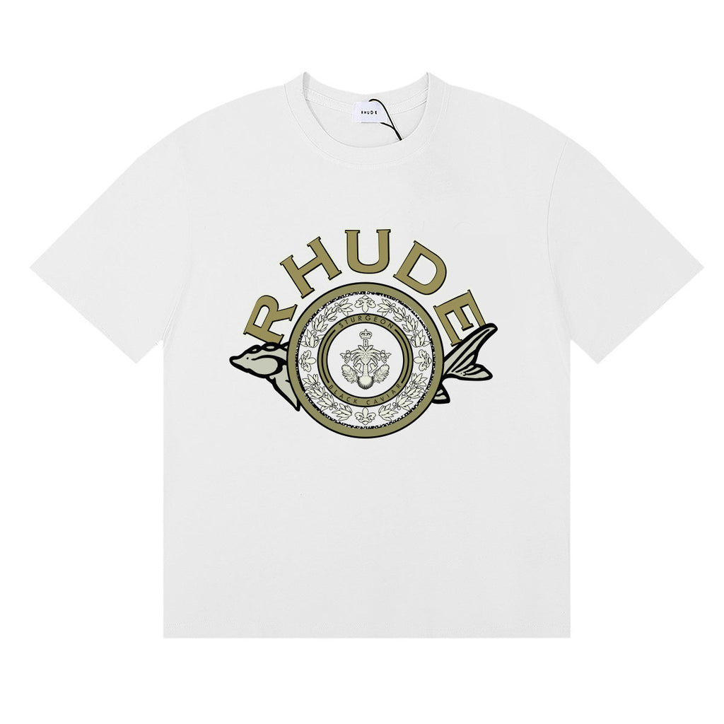 Rhude T-shirts Sturgeon Caviar Printed Cotton Short Sleeves Men and Women