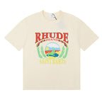 Rhude T-shirts Sunset Beach Pattern Printed Cotton Casual Short Sleeves Men and Women