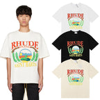 Rhude T-shirts Sunset Beach Pattern Printed Cotton Casual Short Sleeves Men and Women