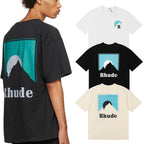 Rhude T-shirts Blue Sunset Print Cotton Casual Short Sleeve Men and Women