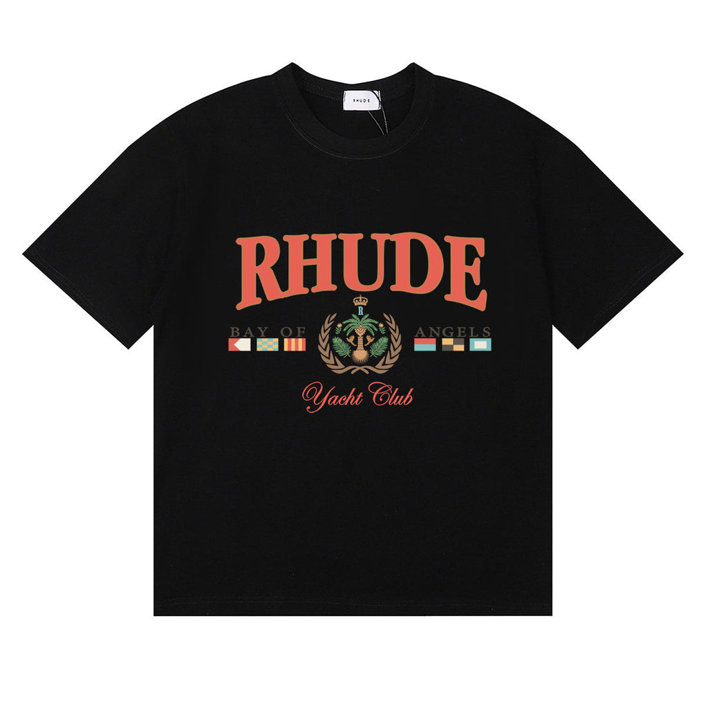 Rhude T-shirts Flag Badge Cotton Casual Short Sleeve Men and Women