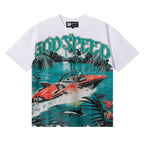 Godspeed T-shirts Speedboat Shark Print Cotton Crew Neck Short Sleeve Men and Women