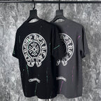 Chrome Heart T Shirts Cross Leather Print Short Sleeve T-Shirt Loose