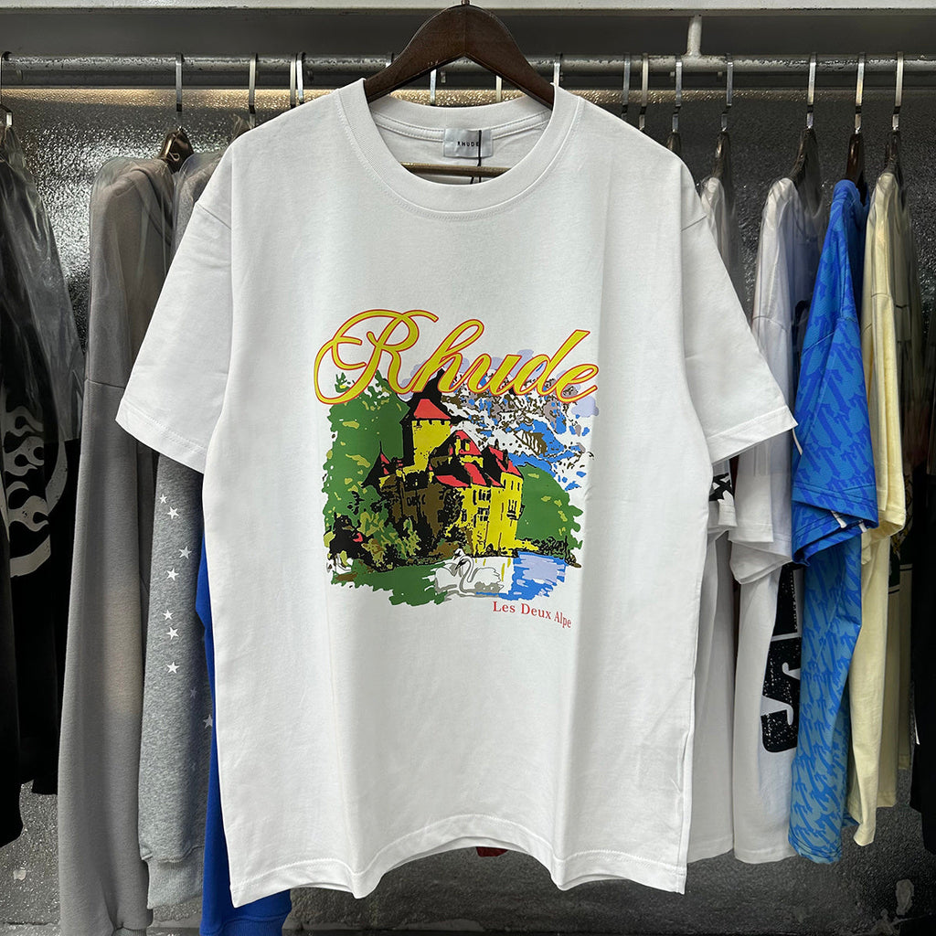 Rhude T-shirts Alpine Villa Printed Cotton Casual Short Sleeve Men and Women
